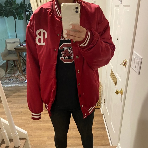 Burgundy Satin Baseball Bomber Jacket - Picture 1 of 5